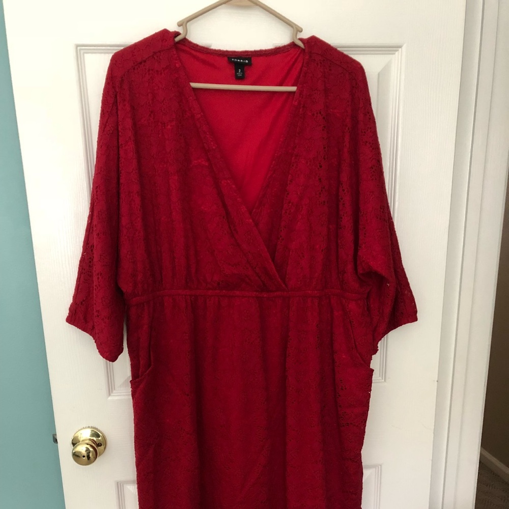 Torrid Red vneck eyelet lace dress WITH POCKETS!
